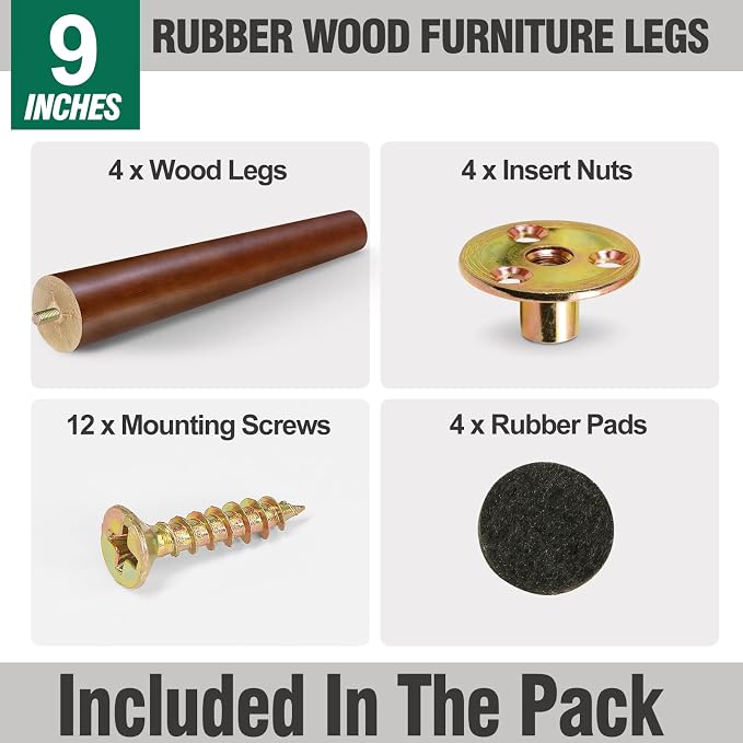 FoDau770 Brown Rubber Wood Furniture Legs 9 Inches, Straight Tapered Wood Feet Mid Century Sofa Legs Set of 4, 5/16" UNC Furniture Feet for Cabinet Couch Dresser Chair Ottoman Table