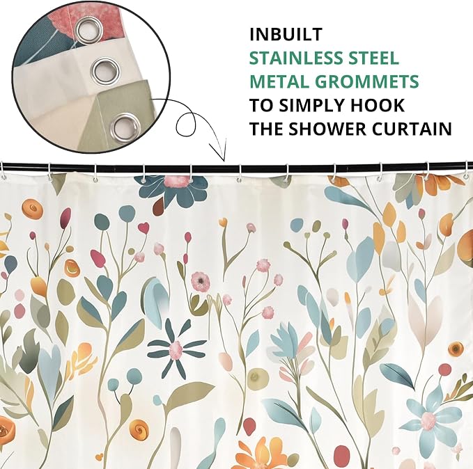 Colorful Floral Extra Long Shower Curtain, Wildflower Plant Leaves Cute Flower Spring Herbs Waterproof Fabric Machine Washable for Bathroom Bathtub Decor with Hooks 72Wx84H
