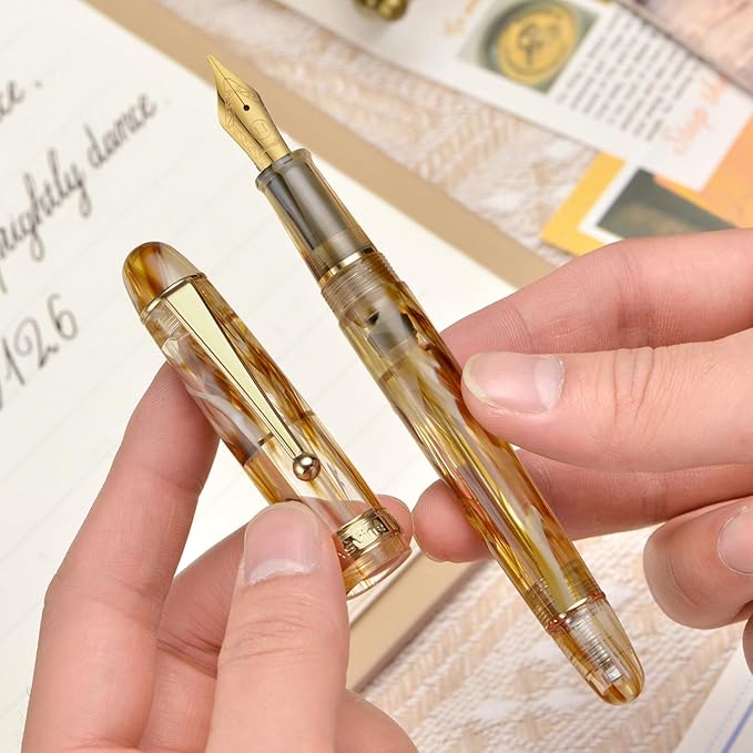 Asvine V126 Vacuum Filling Fountain Pen, Brown Swirl Acrylic Stub Nib 1.1mm Calligraphy Art Drawing with Case Set