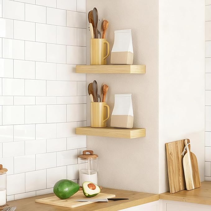 HOOBRO Floating Shelves for Wall, Wall Mounted Shelf Set of 2, 15.7" Hanging Shelf with Invisible Brackets, for Wall Decor Storage in Bathroom Bedroom Kitchen Living Room Office, Natural NL40BJ01