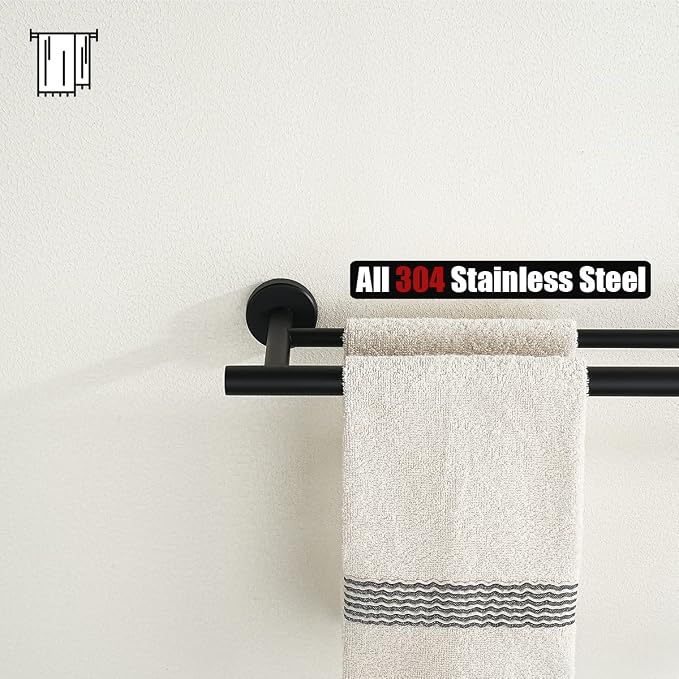 JQK Black Double Towel Bar, 20.5 Inch 304 Stainless Steel Thicken 0.8mm Towel Rack Bathroom, Towel Holder Matte Black Wall Mount, Useable Length 18 Inch 2 Pack, TB100L18-PB-P2