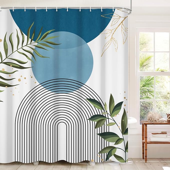 Boho Mid Century Shower Curtain, Light Blue Modern Minimalist Abstract Geometric Gold Plant Leaves Sun Arch Bathroom Curtains Waterproof Fabric Buthtub Curtain Set with Hooks 72" Wx84 L