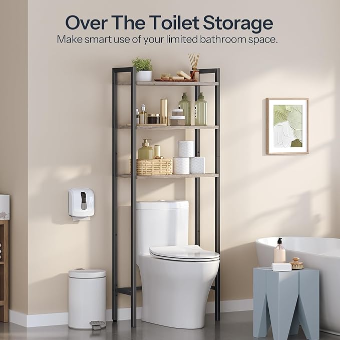 HOOBRO Over The Toilet Storage, 3-Tier Bathroom Organizer Shelf Over Toilet, Freestanding Bathroom Storage Shelves, Space Saver, Easy to Assemble for Room, Greige and Black BG41TS01