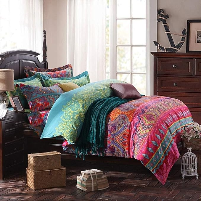 Boho Full Comforter Set Soft Chic 3 Pieces Bedding Full Comforter Set Lightweight Exotic Red Teal Bohemian Mandala Colorful Vintage Comforter Bed Set for All Seasons