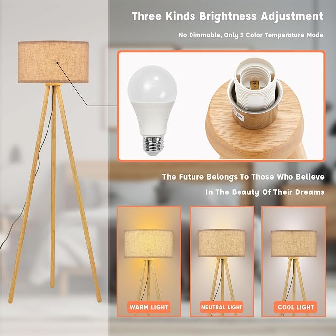 Wood Tripod Floor Lamp with 3 Color Temparature LED Bulb, Modern Wooden Standing Floor lamp Linen Shade for Living Room, Bedroom, Office, ETL Listed/Natural Wood Color