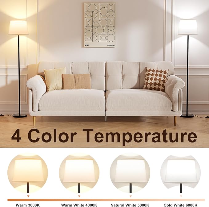 Raexpectis Modern Floor Lamp with Adjustable Brightness, Remote Control, Black, LED Bulbs, White Shade, Foot Switch, Easy Assembly