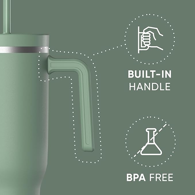 Hydrapeak Voyager 40 Oz Stainless Steel Tumbler with Handle, Insulated Water Bottle With Straw & Lid, Cupholder Friendly Reusable Travel Mug (Sage)