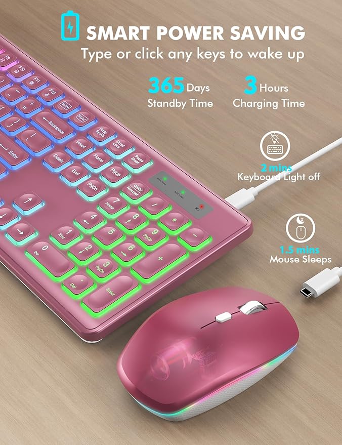 Wireless Keyboard and Mouse Combo, RGB Backlit, Rechargeable & Light Up Letters, Full-Size, Soft Typing, Sleep Mode, 2.4GHz Quiet Keyboard Set for Mac, Windows, Laptop, PC, Trueque (Wine Red)