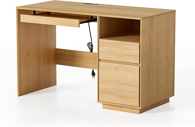 Home Office Desk, 47" Farmhouse Executive Desk with File Drawer & Outlet, Wood Computer Desks with Keyboard Tray, Workspace for Study Writing, Natural Oak