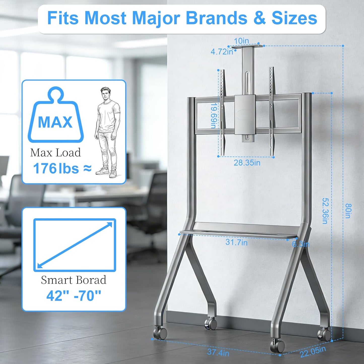 Smart Board Stand - Height Adjustable Mobile Stand for 42"–75" Interactive Whiteboards | Portable with Lockable Wheels