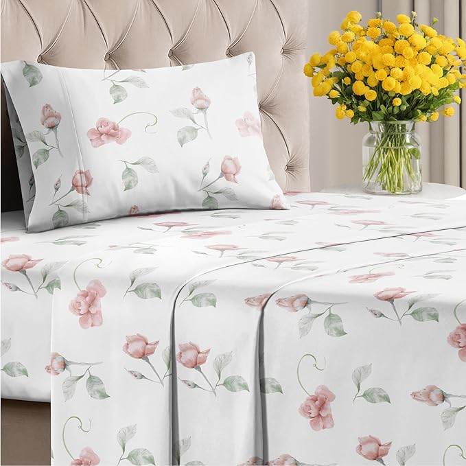 Floral Sheets - Floral Rose Bed Sheet Set - 1 Flat, 1 Fitted & 1 Pillowcase w/ Deep Pockets - Comfy, Wrinkle & Fade Free - Boho Botanical Bedding - Ultra-Soft, Breathable and Cooling - Twin Size Set