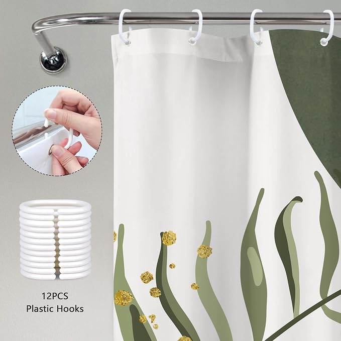 Green Pink Boho Shower Curtain 72Wx72H Modern Bohemian Abstract Sage Green Gold Leaves Plant Botanical Minimalist Bathroom Decor Geometric Neutral Bath Curtain Fabric Polyester 12 Pack Hooks