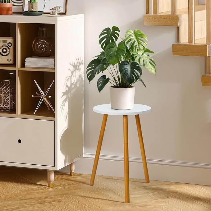 KINNARY Tall Plant Stand Indoor, Mid Century Wood White Flower Stand for Corner, Metal Plant Holder, Modern Home Decor Small Round Side End Table (11.8"x20")