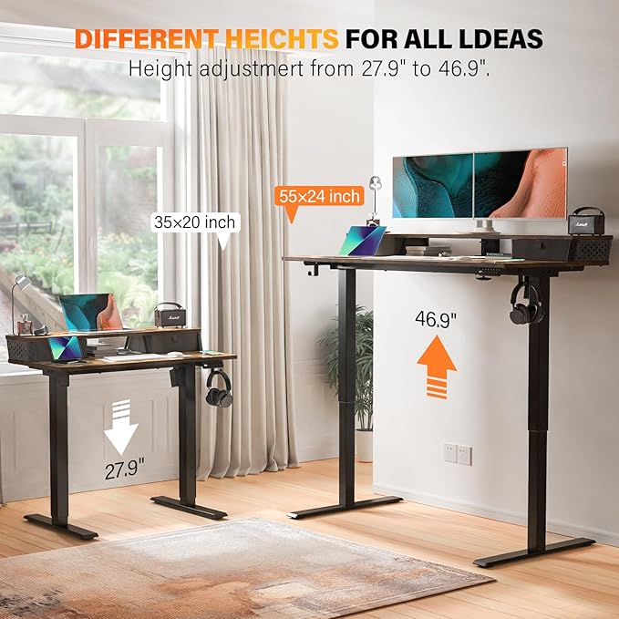 Electric Standing Desk with 2 Drawers 48''x 24'' Adjustable Height Sit to Stand Up Desk with Storage Shelf C-Clamp Mount Compatible Home Office Desks Computer Gaming Table Ergonomic Workstation
