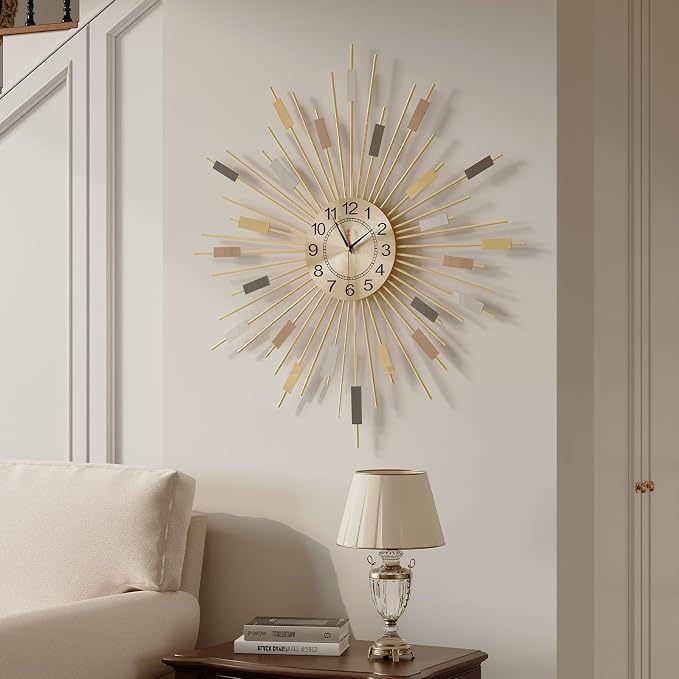 Cuspin Large Wall Clock 24 Inch, Colorful Gold Clocks for Living Room Decor, Decorative Mid Century Modern Sunburst Battery Operated Wall Clock for Bedroom, Kitchen, Office