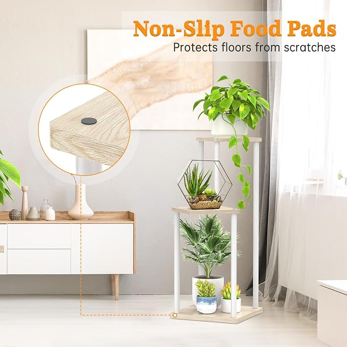 Oppro 3 Tier Plant Stand Indoor Outdoor, Metal Wood Tiered Corner Plant Stands Pot Holder, Wood Flower Shelf Orchid Display Rack for Living Room Bedroom Balcony Garden Patio, Modern White