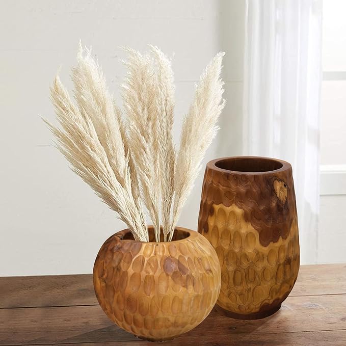 Teak Wooden Handcrafted Vase 6.7" x 6.7" x 9.5"H Natural Wood Pot Handmade Rustic Flower Holder for Entry Table Brown Stain Vintage Artworks Planter for Living Room Home Christmas Décor