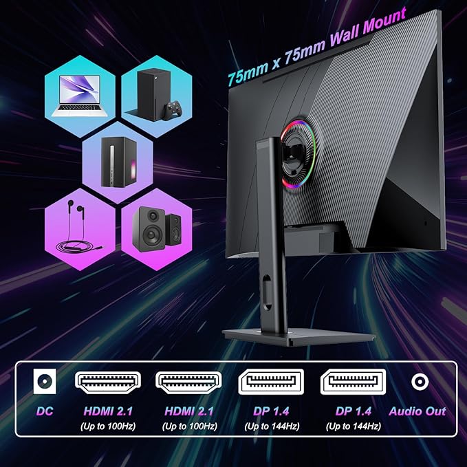 LXZ Gaming Monitor 27 inch, 144hz Monitor 3840 * 2160P, IPS Display, Eye Care, DP/HDMI, Wall Mount Compatible - Black