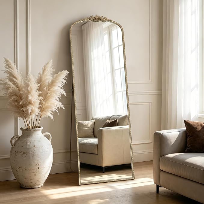 WallBeyond Gold Vintage Full Length Mirror with Stand for Vanity 22x65 Inch, Gold Antique Mirror with Ornate Frame, Arched Vintage for Bathroom, Living Room, Bedroom, Entryway