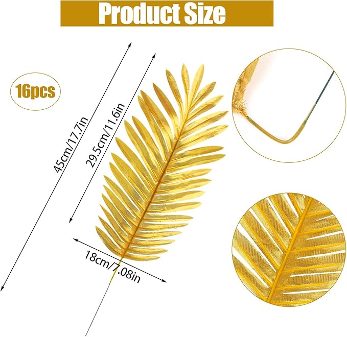 CCINEE 16 PCS Artificial Palm Leaves, Golden Faux Large Palm Fronds Fake Tropical Plant Simulation Safari Leaves with Stems for Home Hawaiian Luau Party Jungle Beach Theme Party Decoration