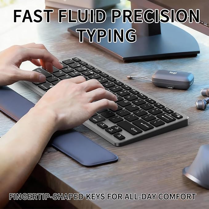 JKSML Wireless Keyboard with 78 Keys, Bluetooth and 2.4 GHz Wireless, Low Profile, Fluid Quiet Typing, 12 Programmable Keys, USB C Rechargeable, for Phone, Tablet, PC, Laptop, Smart TV - Black