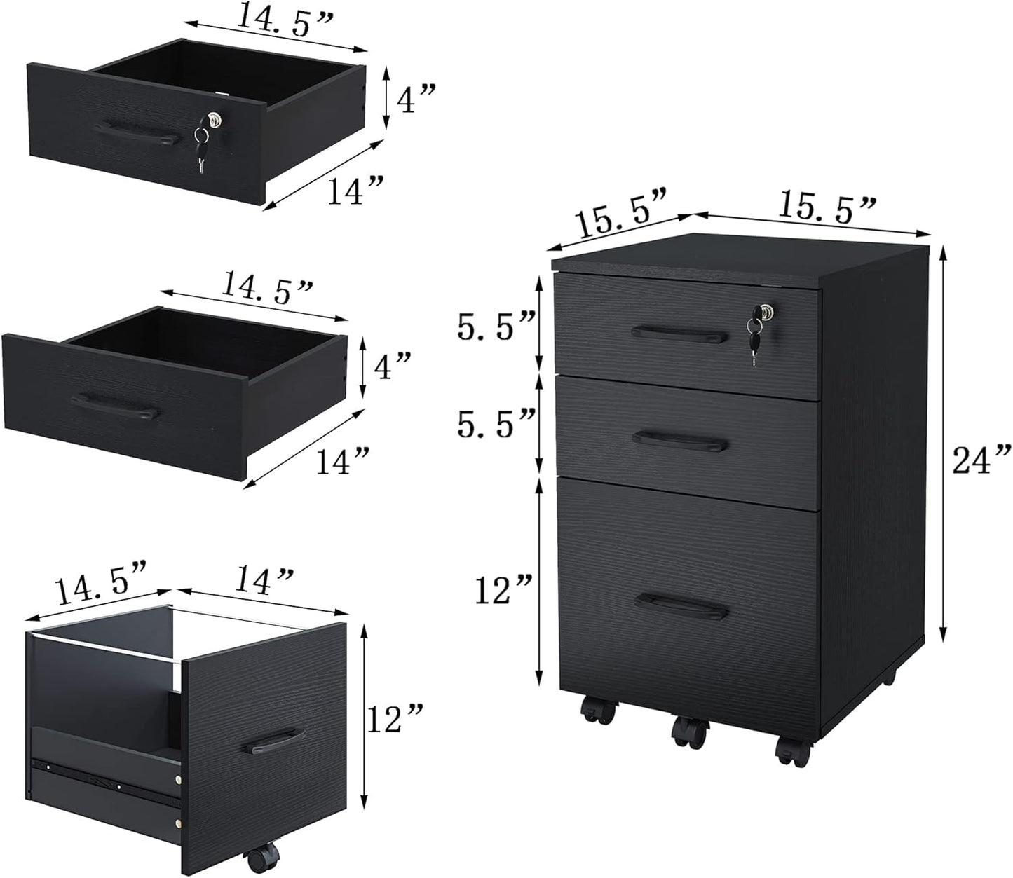 Skiennix File Cabinet - 3 Drawer Rolling Wood Storage with Lock for Home Office - Black, Fits Letter/A4 Size