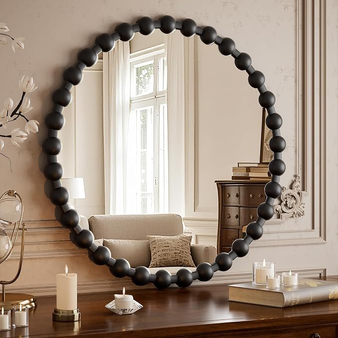 Easly Round Mirror for Wall, 28 Inch Black Beaded Frame Decorative Vanity Mirror, Circle Bathroom Mirror with High-Definition Lense, Modern Wall Decor for Bathroom, Living Room, Bedroom, Entryway