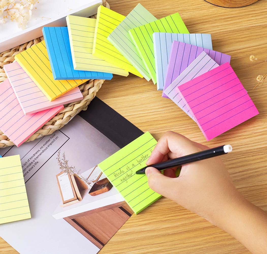 Skiennix Lined Sticky Notes - 3x3 Inch Notepads with Super Sticking Power | Bright Colors, Recyclable