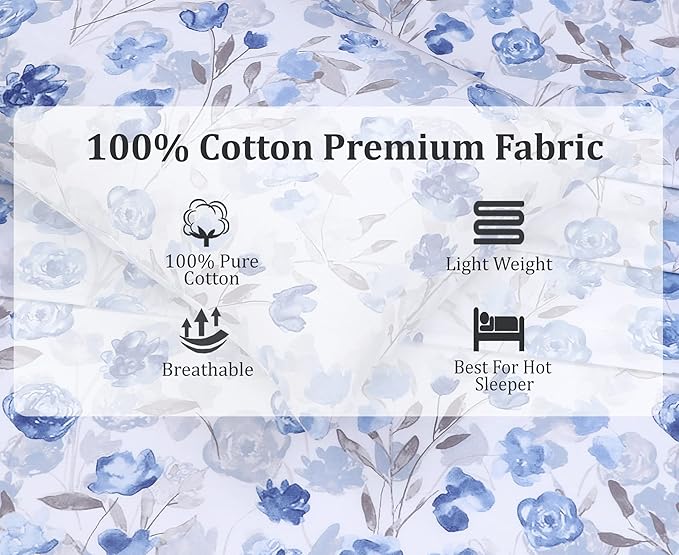 RUVANTI 100% Cotton Sheets Queen Size Set, 4 Pieces, Soft & Breathable Percale Weave Bedding, Deep Pocket 16", Hotel Standard, Crisp Cool Feeling, Durable, Perfect Floral Bed Sheet, Monotones