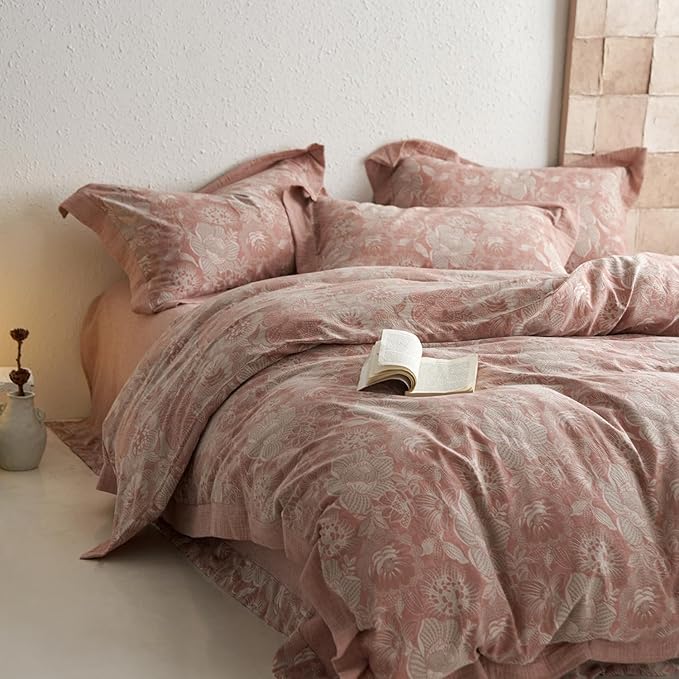 mixinni Duvet Cover King, Premium Cotton Double-Layer Yarn Pink Floral Jacquard Comforter Cover with Edge Design, Farmhouse Bedding Set with 2 Pillowcases Perfect for Him and Her-King Size