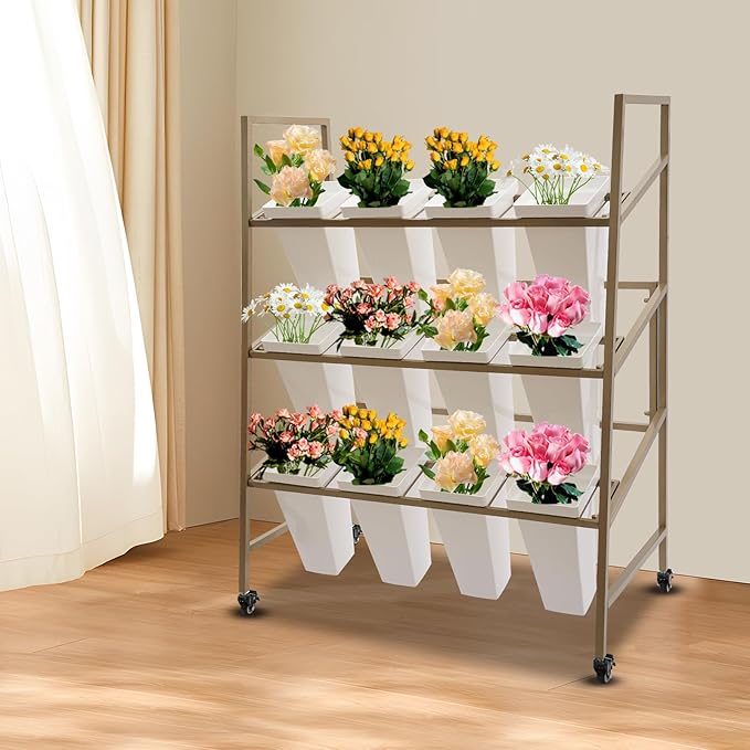 3-Layers Flower Display Stand Metal Plant Holder with 12PCS Buckets Moving Plant Cart Shelf Flower Shelf for Florist Garden Patio,3.28 * 1.84 * 4.04ft (Gold Frame With White Buckets)