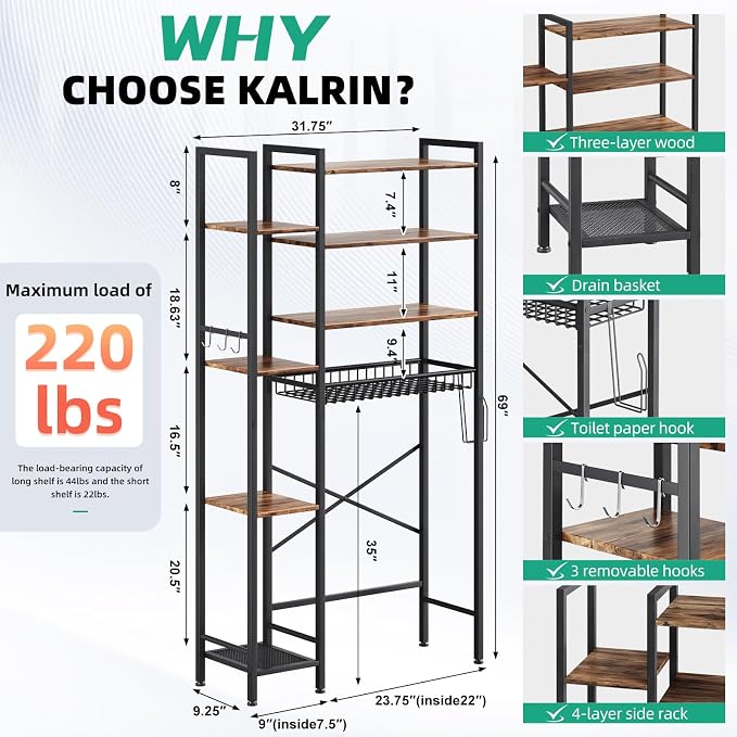 Kalrin 8-Tier Over The Toilet Storage with Side Rack, Over Toilet Storage Rack with Adjustable Shelf & Drain Basket, Freestanding Bathroom Organizer for Balcony, Laundry (Vintage Brown)