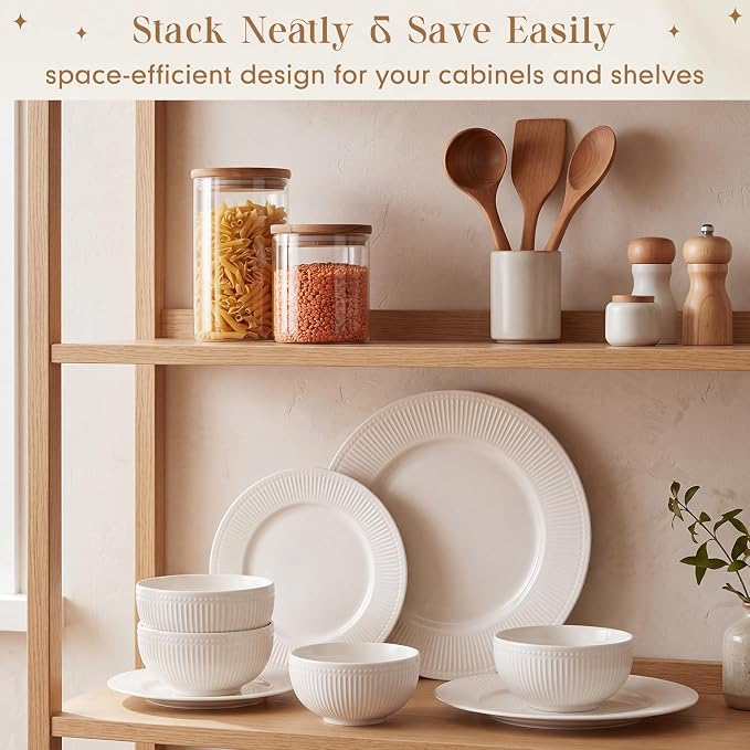Domensi Ceramic Dinnerware Sets, Embossed Stoneware Plates and Bowls Sets Service for 2(Two More Bowls), Vertical Ribbed Embossed Pattern Oven, Microwave, Dishwasher Safe, Housewarming Wedding Gift