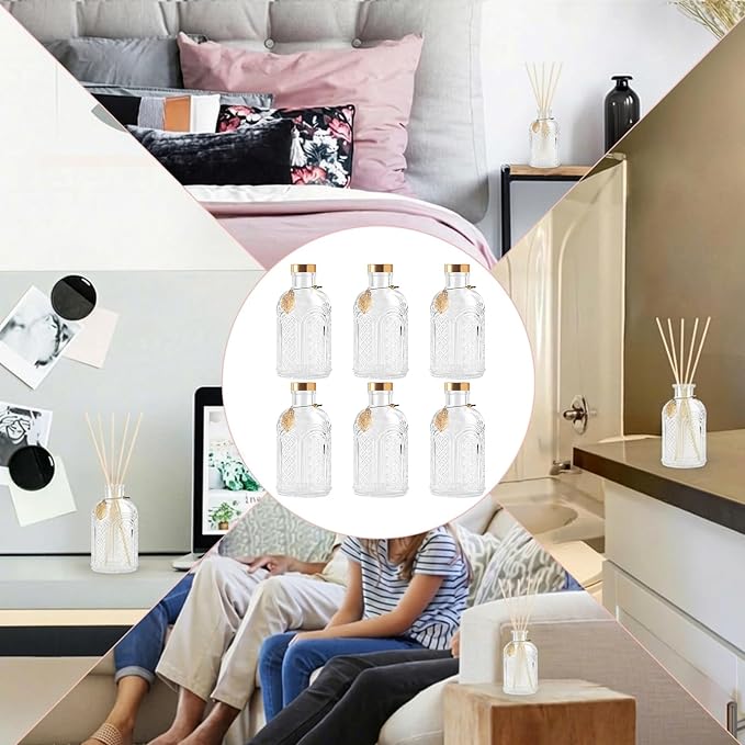 Glass Reed Diffusers Bottles for Home, Diffuser Bottles with 40PCS Reed Diffuser Sticks, Vintage Embossed Apothecary Style Flower Bud Vases with Cork Lids, Set of 6