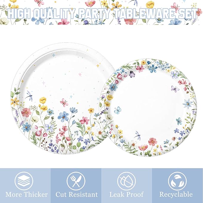 168PCS Wildflower Party Decorations Spring Floral Baby Shower Birthday Decorations Include Plates, Cups, Napkins, Cutlery for Wildflower Baby Shower Tea Decorations, Serve 24