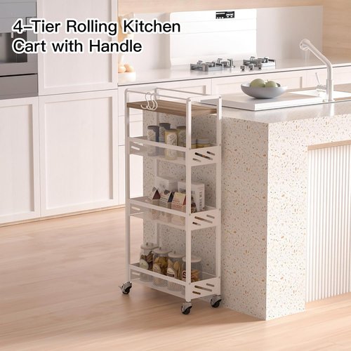 DGSNADGO Slim Rolling Storage Cart - 4-Tier Utility Cart with Handle & Wooden Top | Beige & White