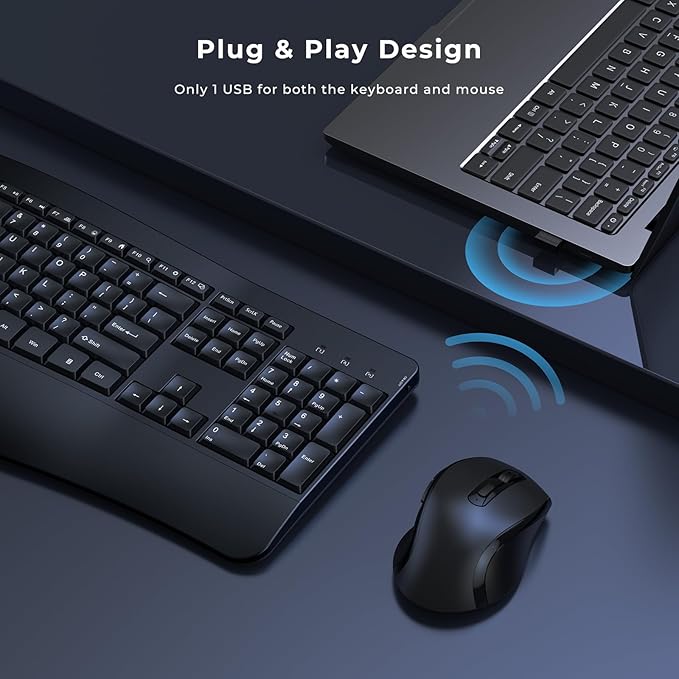Ergonomic Keyboard and Mouse Combo, Full Size Cordless Computer Keyboard with Palm Wrist Rest Ergonomic Mouse for Windows Computers Laptops - Black