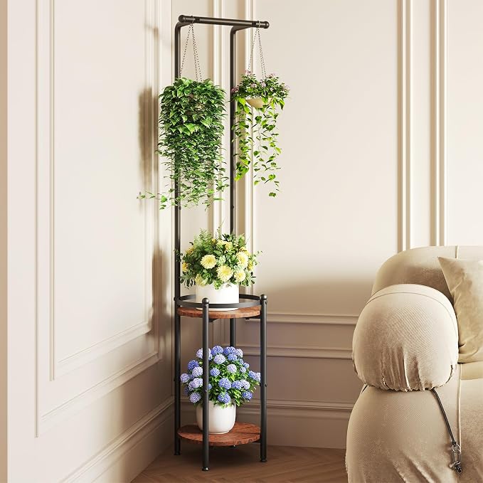 Homsorout Plant Stand Indoor Outdoor - Heavy Duty Metal 2-tier Hanging Plant Holder Space-Saving Iron Plant Stands Tall Plant Shelf for Living Room Garden Balcony（Rustic Brown and Black）