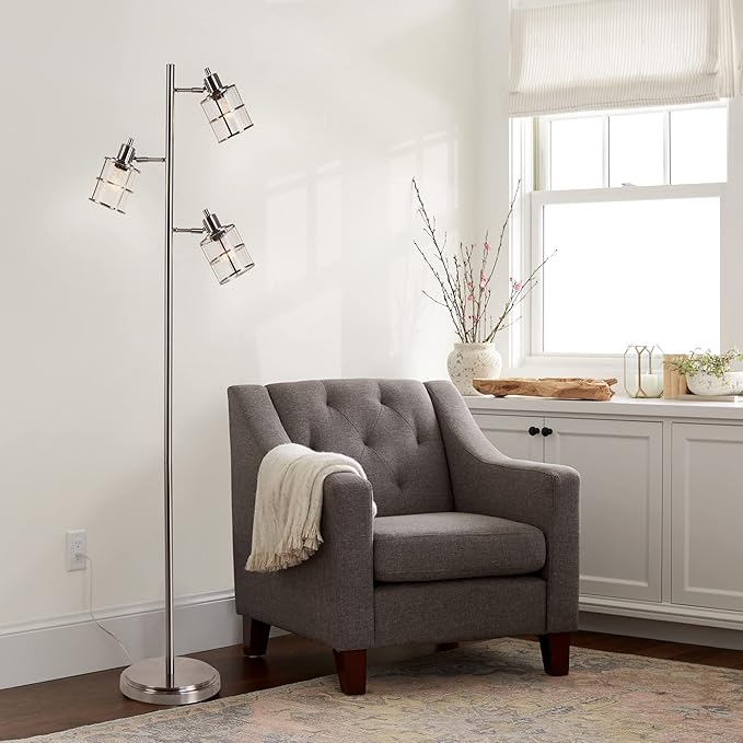 Catalina Lighting Modern 3 Light Floor Lamp with Adjustable Ribbed Glass Shades & Reading Light, 68", Classic Brushed Nickel