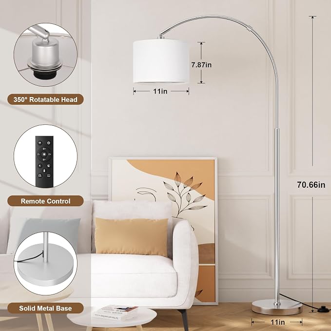 Ambimall Dimmable Arc Floor Lamp with Remote, Color Temperatures and Brightness Adjustable, Arched Floor Lamp with Rotating Head, Over Couch Arched Reading Light for Living Room (White and Silver)