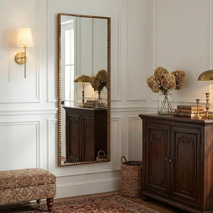 Antique Full Length Mirror, 20"x47" Long Metal Framed Full Body Mirror, Rectangle Baroque Floor Mirror Decorative for Dressing Living Room Bedroom Entryway Bronze
