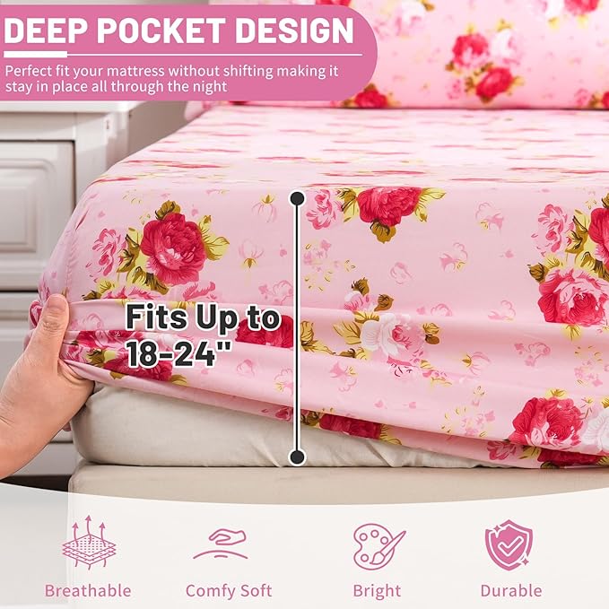 Bedlifes Queen Size Extra Deep Pocket Sheet Sets - Fits Mattresses Up to 18-24" Thick, 4-Piece Microfiber Set with 1800 Thread Count, Soft, Smooth, Breathable, Featuring Pink Floral Red Rose