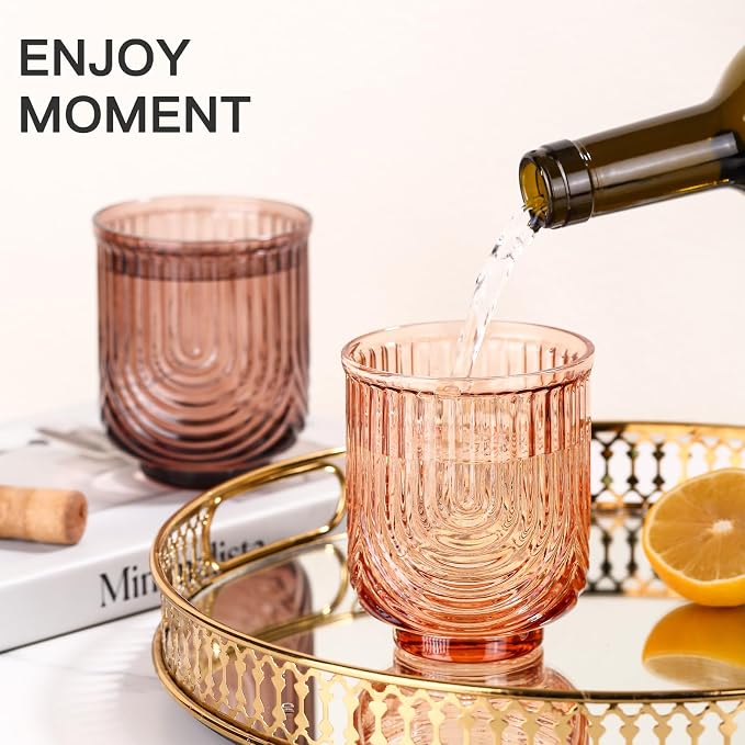 JOVGANK Amber Vintage Drinking Glasses Set of 6-14Oz Brown Glass Drinking Glasses, Art Deco Ripple Highball Glass, Whiskey Cocktail Glasses for Bar Coffee Juice, Housewarming and Mother's Day Gift