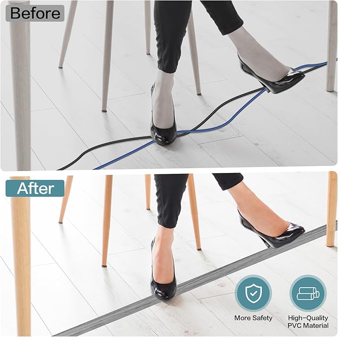 Floor Cord Cover Self Adhesive Cord Hider Floor Extension Cord Covers for Floor Power Cord Protector Cable Management Prevent Cable Trips Cable Cavity 0.59" W x 0.31" H (Light Grey Wood, 20Ft)