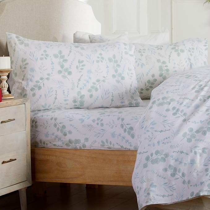 Market & Place 100% Cotton Twin Flannel Sheet Set | 3 Piece Deep Pocket Cozy Winter Floral Bed Sheets | Double Brushed for Extra Softness & Comfort | Alpine Collection (Twin, Eucalyptus Leaves)