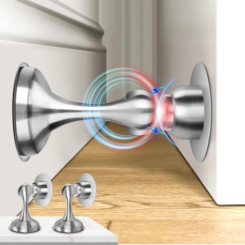 Crosize Magnetic Door Stoppers - Stainless Steel Wall & Floor Mounting | No-Drill Adhesive Tapes, Silver - 2 Pack