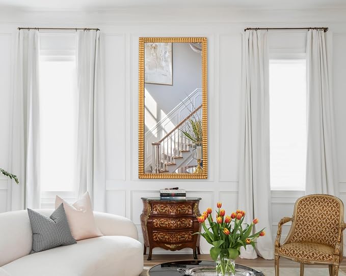 Chende 22" x 46" Decorative Wall Mirror for Dining Room Decor, Large Gold Mirror with 3D Wave Wood Carved Frame, Unique Rectangle Wall Decor, Hang Horizontally/Vertically