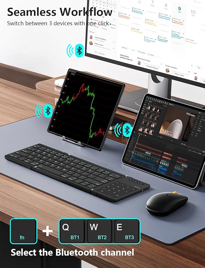 Nillkin Foldable Bluetooth Keyboard with Touchpad & Number Pad, Portable Bluetooth Keyboard with Full Size Keys, Pocket-Sized Wireless Travel Keyboards for iPad, Smartphone, Tablet and Laptop Black