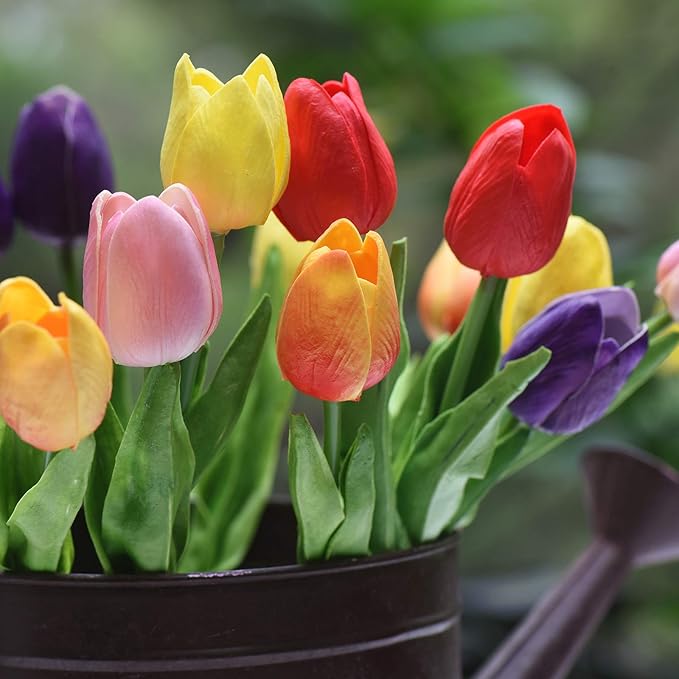 FiveSeasonStuff Real Touch Tulips Artificial Flowers – 15 Stems Faux Tulip Bouquet in Gift Box for Wedding, Home Decor, Party, Floral Arrangements (Rainbow Colors)