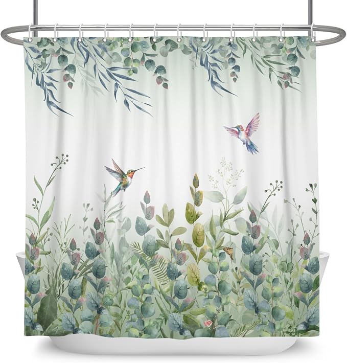 Green Leaf Shower Curtain Colourful Bird Eucalyptus Bathroom Curtain Plant Leaves Botanical Hummingbird Spring Summer Shower Curtain Sets for Bathroom Extra Long 69x70 in with 12 Hooks